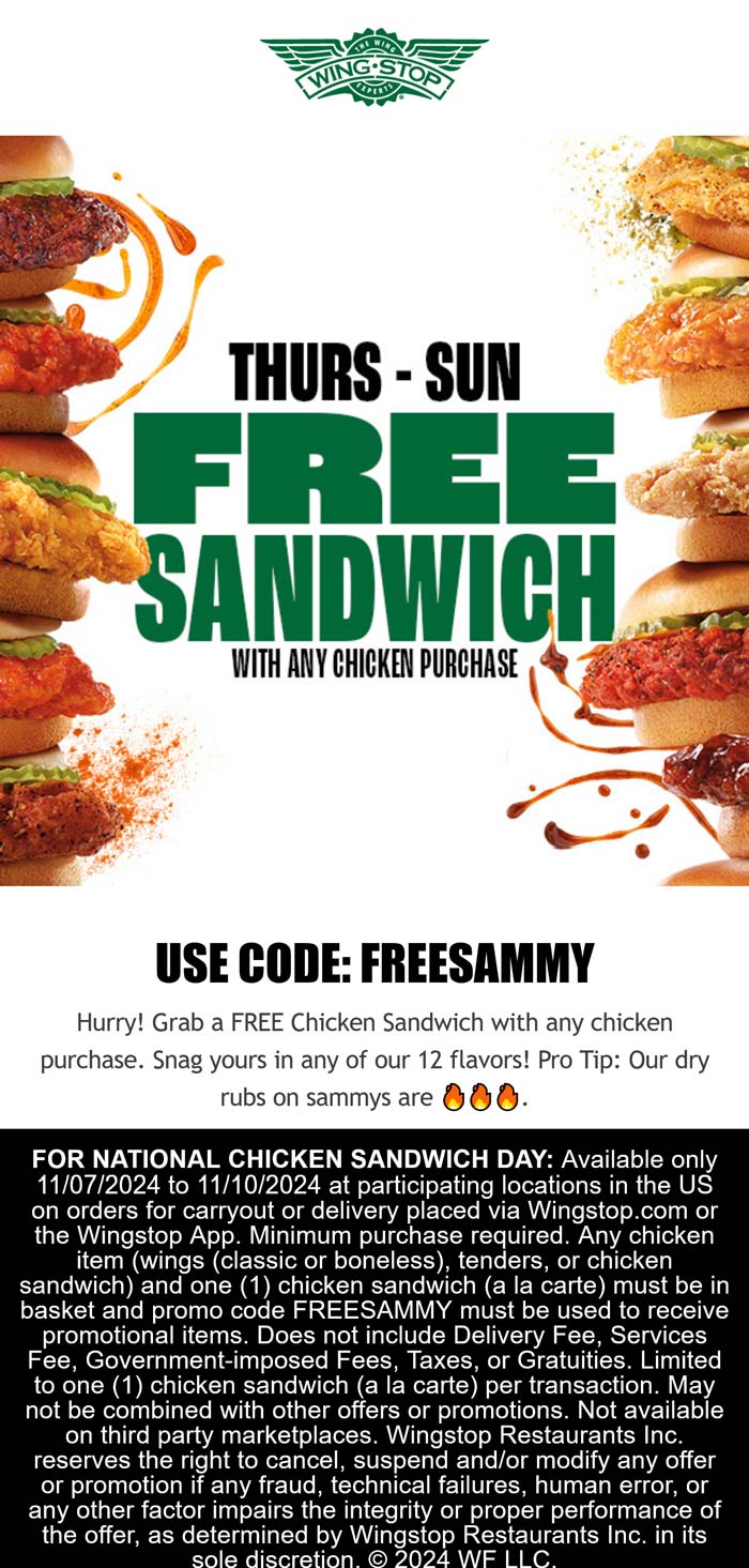 Wingstop restaurants Coupon  Free sandwich with any chicken order at Wingstop via promo code FREESAMMY #wingstop 