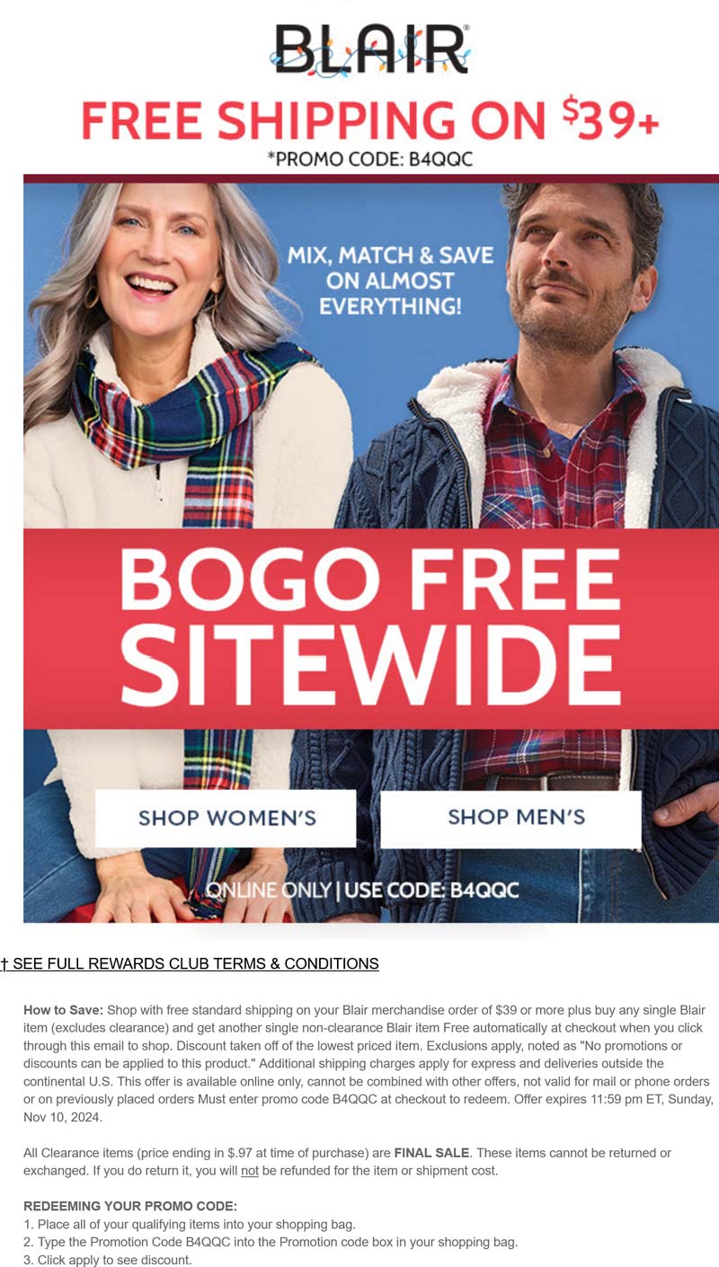 Blair stores Coupon  Second item free sitewide today at Blair via promo code B4QQC #blair 