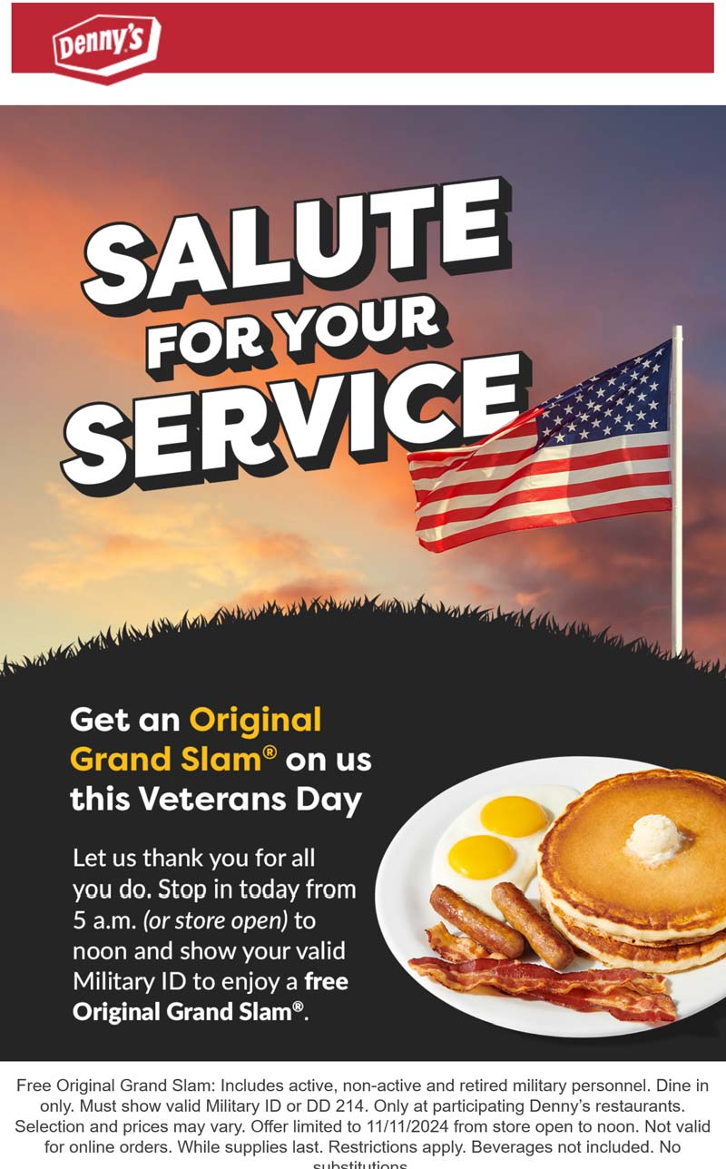 Dennys restaurants Coupon  Military ID enjoy a free grand slam breakfast til noon today at Dennys #dennys 