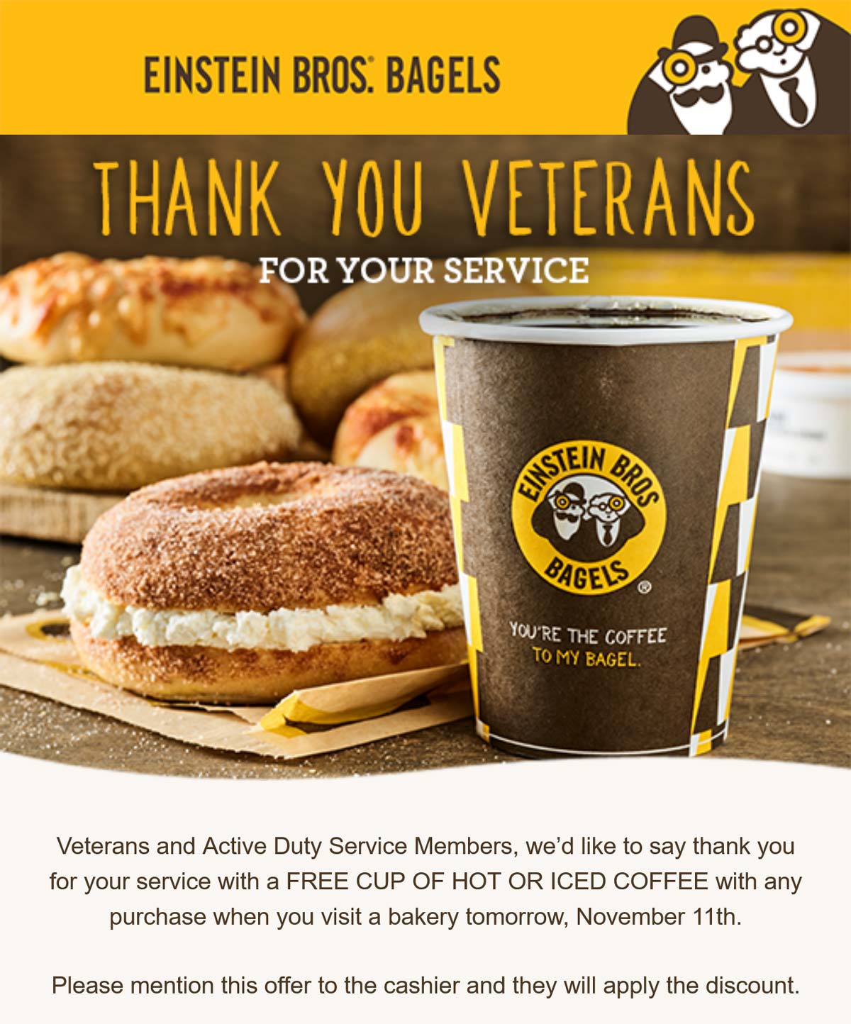 Einstein Bros Bagels restaurants Coupon  Veterans score a free coffee today at Einstein Bros Bagels #einsteinbrosbagels 