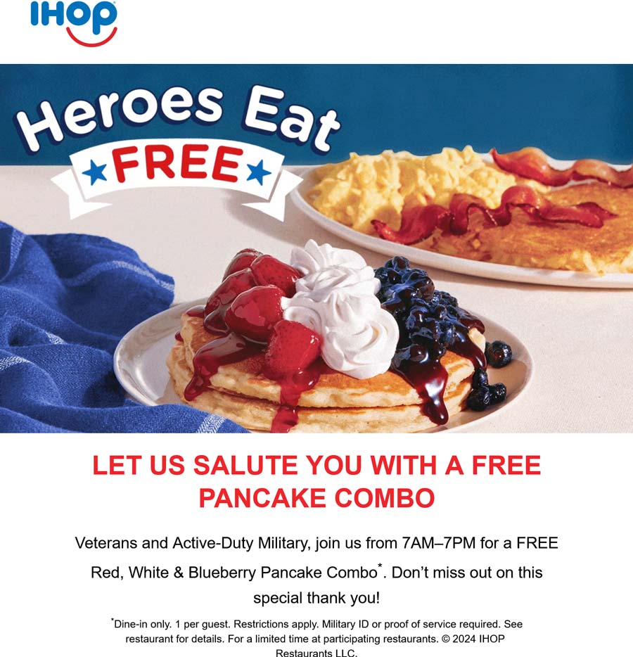 IHOP restaurants Coupon  Active & veterans enjoy a free pancake combo at IHOP restaurants #ihop 