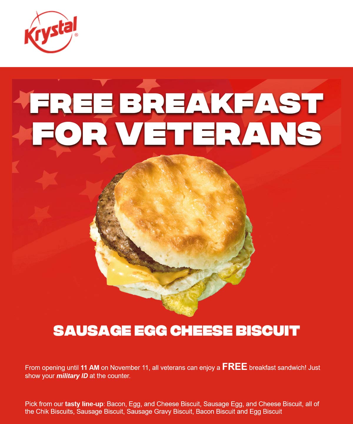 Krystal restaurants Coupon  Veterans enjoy a free breakfast til 11a today at Krystal #krystal 