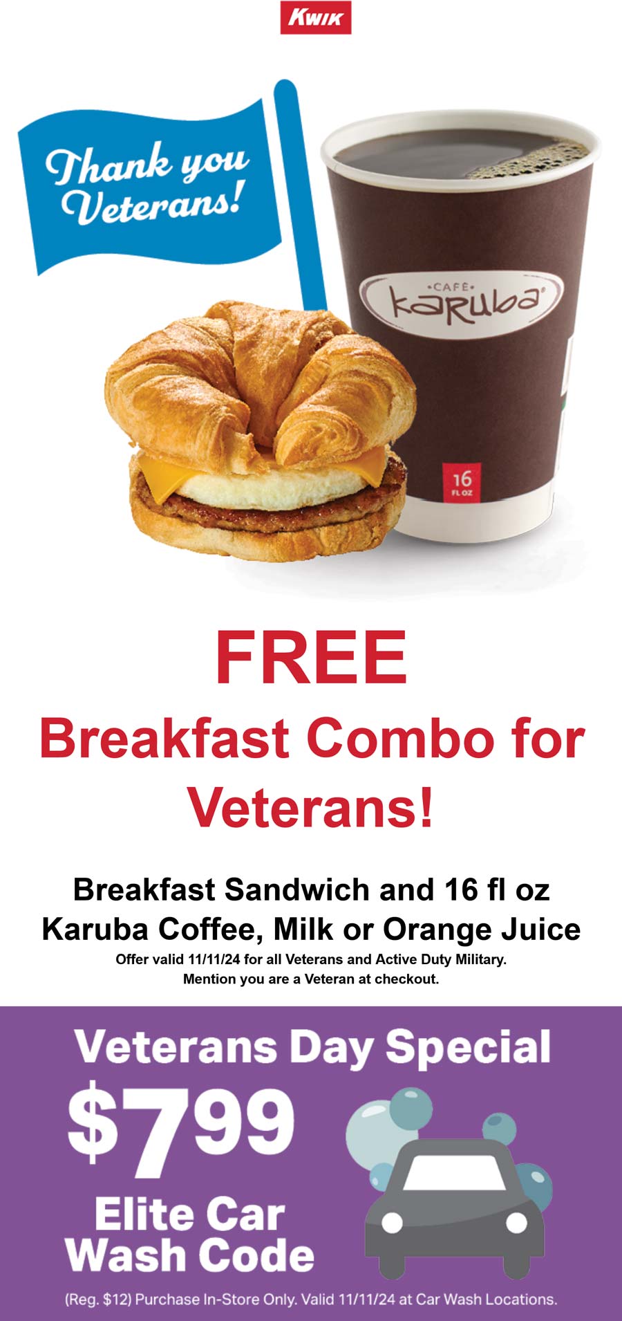 Kwik Trip restaurants Coupon  Veterans enjoy a free breakfast combo at Kwik Trip gas stations #kwiktrip 