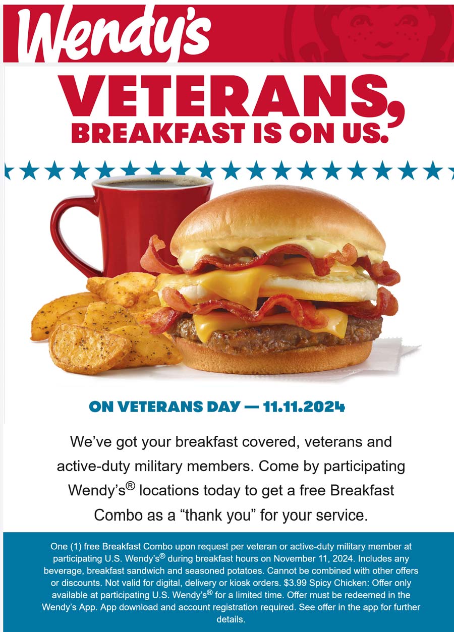 Wendys restaurants Coupon  Veterans enjoy free breakfast today at Wendys #wendys 