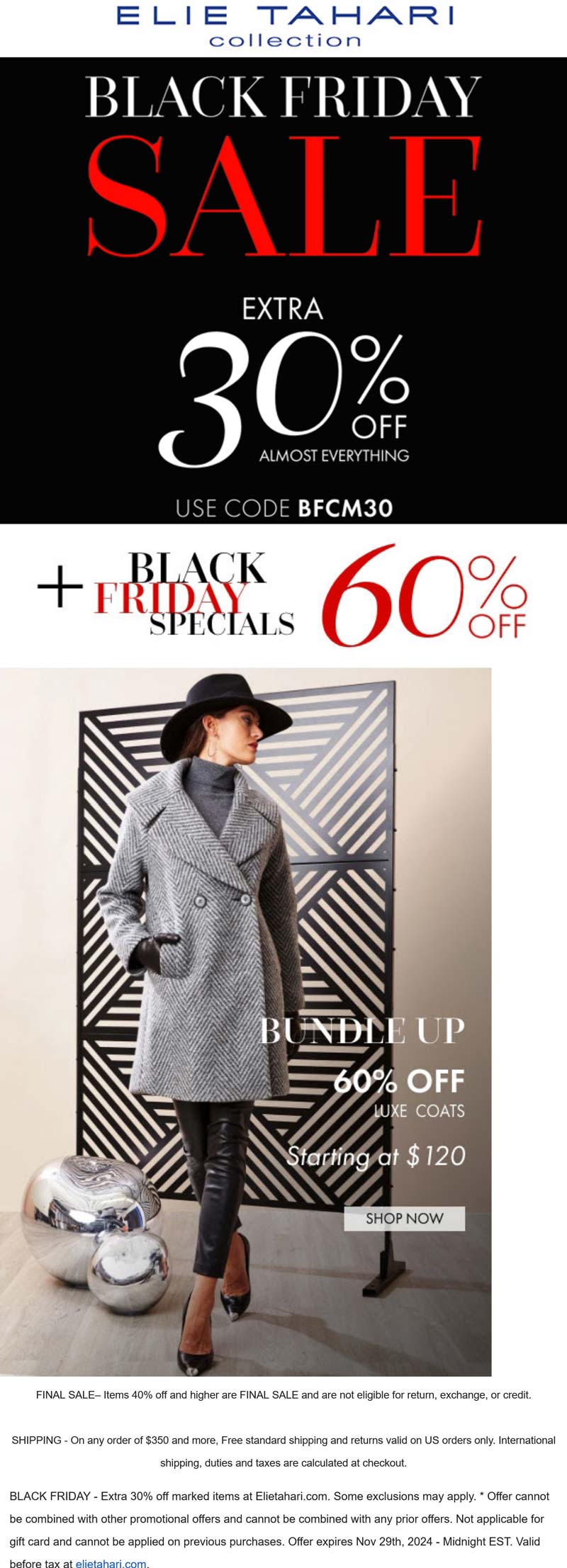 Elie Tahari stores Coupon  Extra 30% off everything at Elie Tahari via promo code BFCM30 #elietahari 