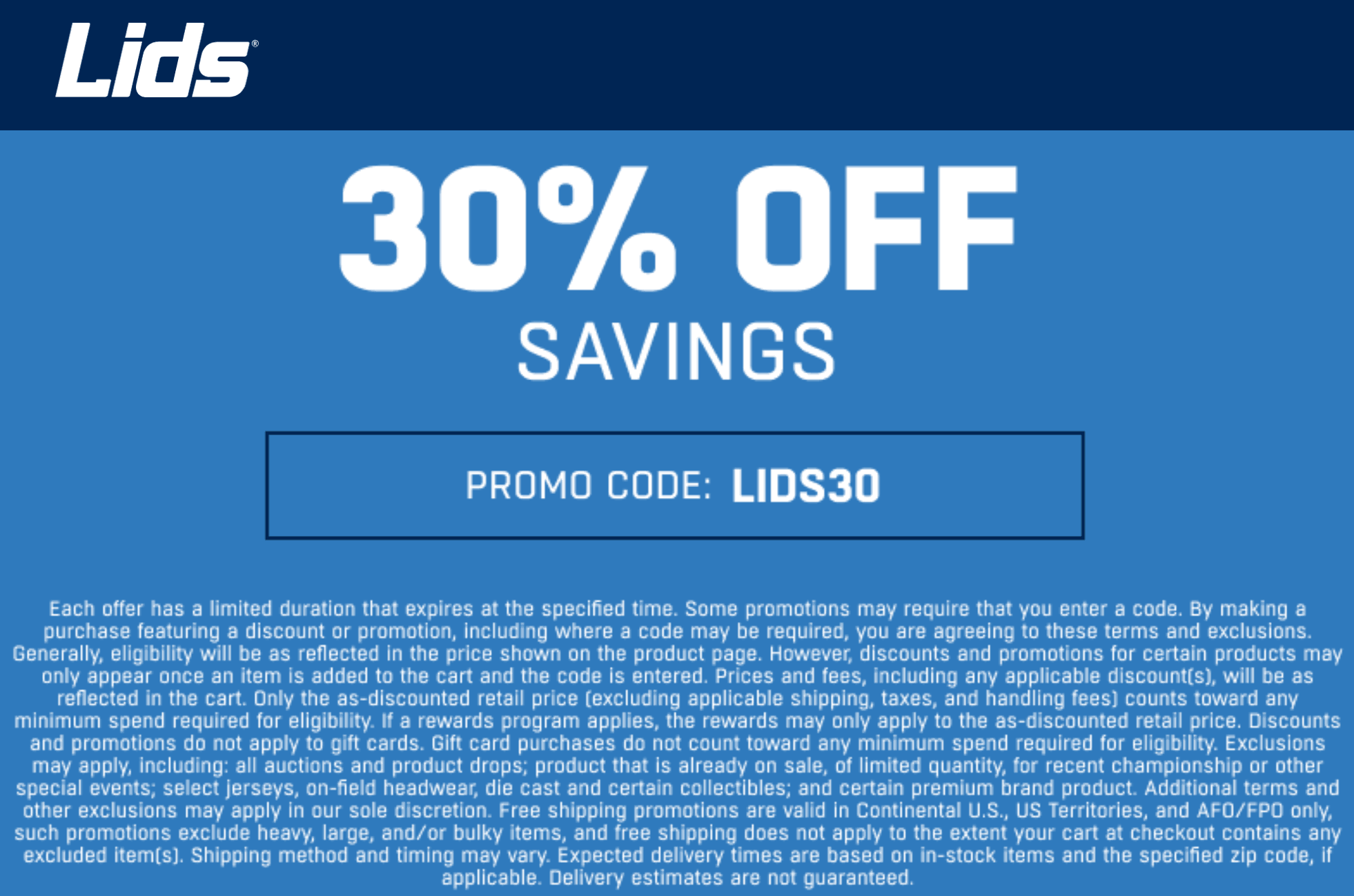 Lids stores Coupon  30% off at Lids via promo code LIDS30 #lids 