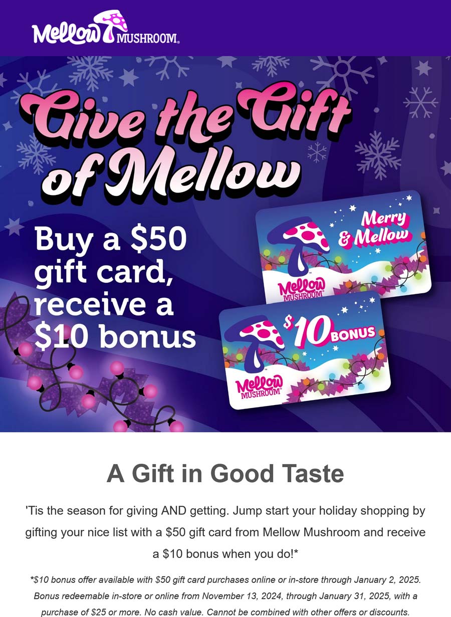 Mellow Mushroom restaurants Coupon  $10 card free on $50 card at Mellow Mushroom pizza #mellowmushroom 