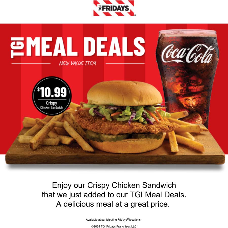 TGI Fridays restaurants Coupon  Fried chicken sandwich meal = $11 at TGI Fridays #tgifridays 