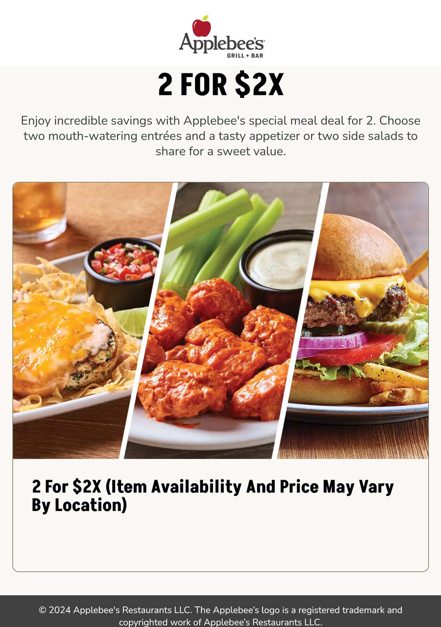 Applebees restaurants Coupon  2 entrees + appetizer  or 2 side salads = $2x at Applebees #applebees 