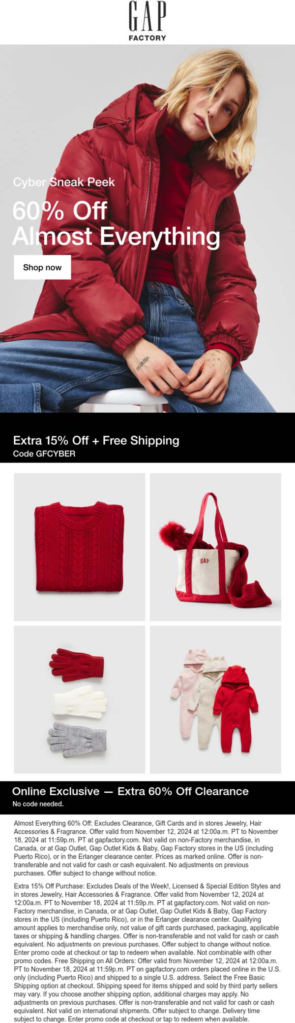 Gap Factory stores Coupon  60-75% off at Gap Factory via promo code GFCYBER #gapfactory 