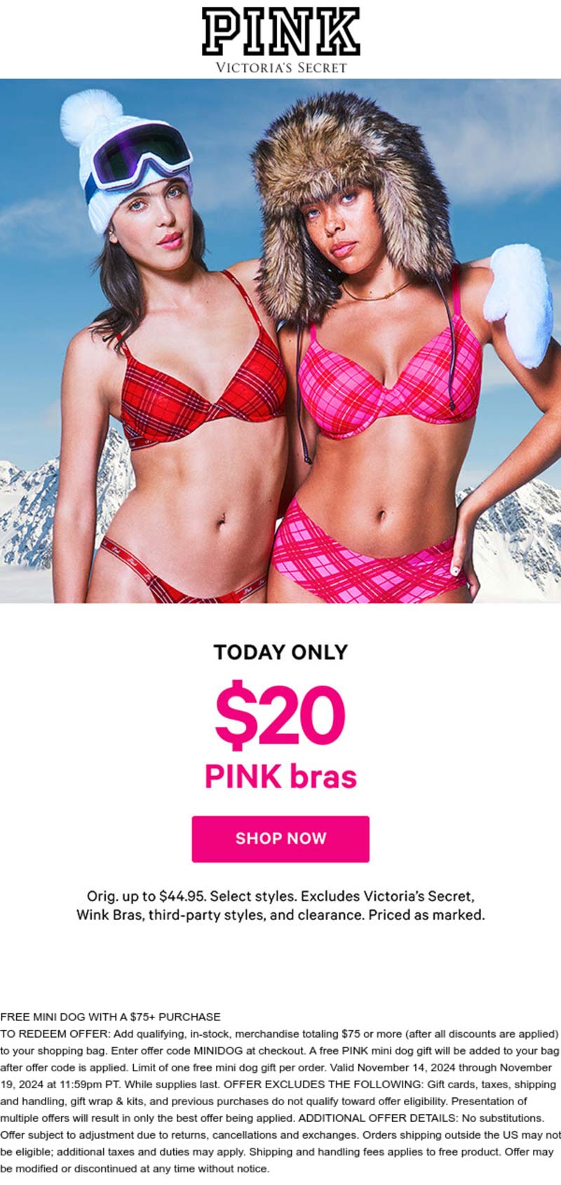 PINK stores Coupon  All bras = $20 today at PINK #pink 