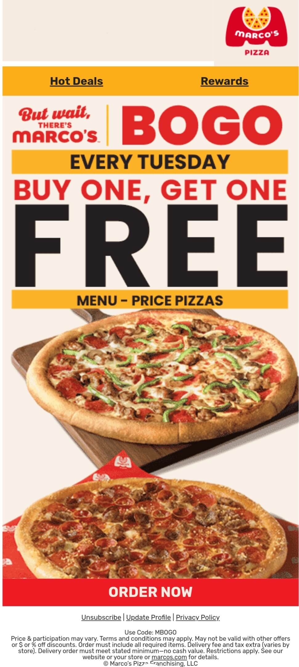 Marcos restaurants Coupon  Second pizza free today at Marcos via promo code MBOGO #marcos 