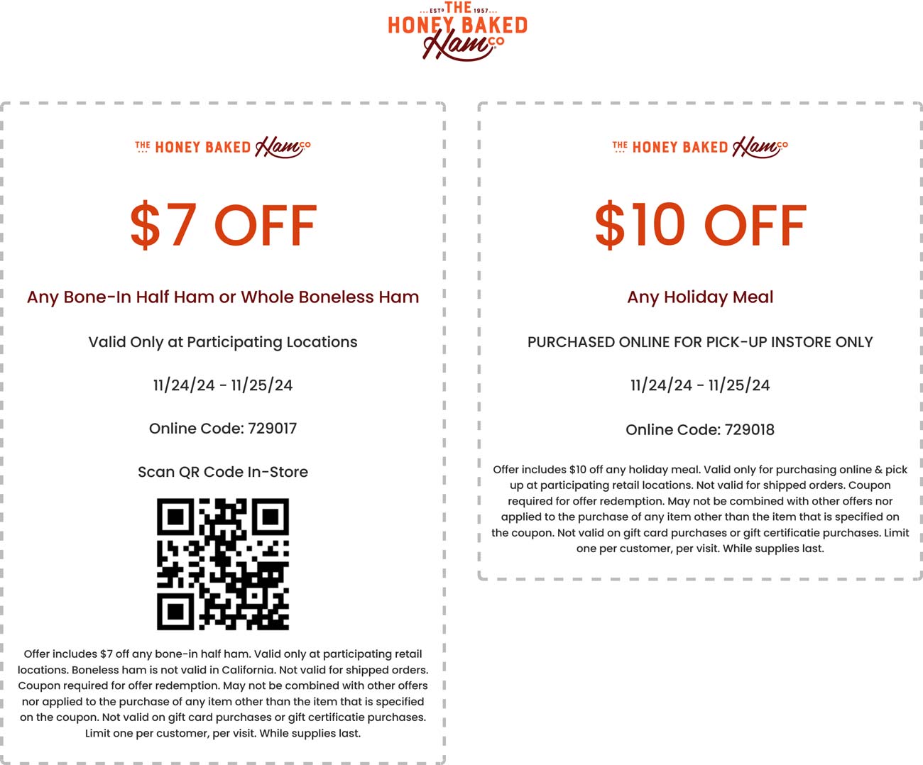 Honeybaked restaurants Coupon  $7-$10 off ham and meals at Honeybaked, or online via promo code 729017 #honeybaked 