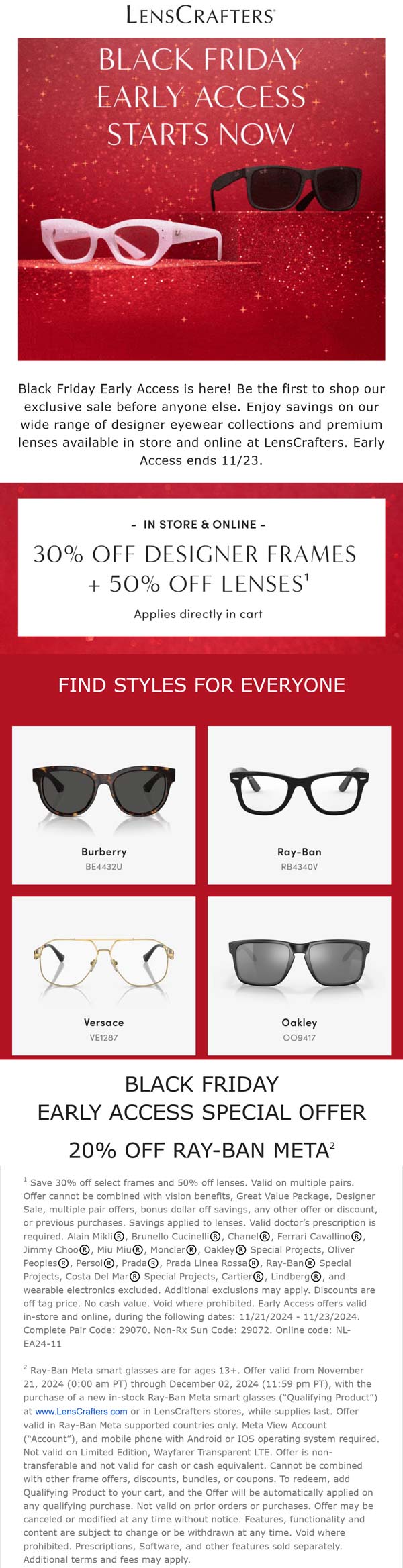 Lenscrafters stores Coupon  30% off designer frames & 50% off lenses at Lenscrafters, ditto online #lenscrafters 