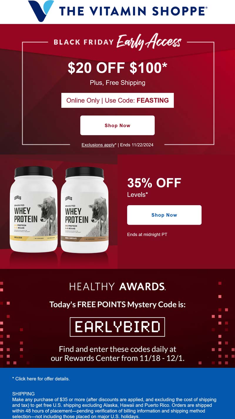 The Vitamin Shoppe stores Coupon  $20 off $100 at The Vitamin Shoppe via promo code FEASTING #thevitaminshoppe 