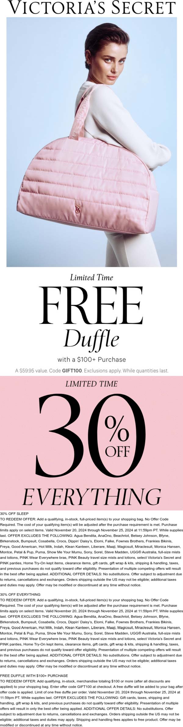 Victorias Secret stores Coupon  Free duffle on $100 + 30% off everything at Victorias Secret via promo code GIFT100 #victoriassecret 