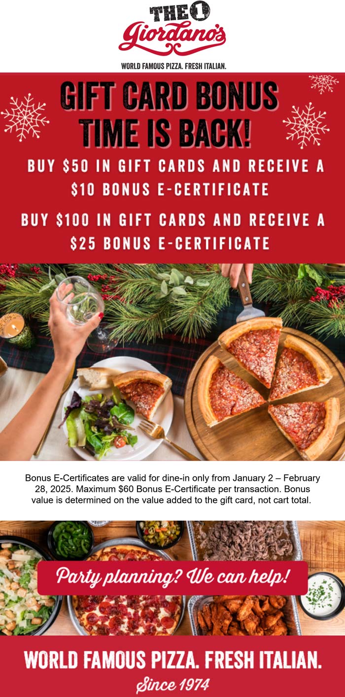 Giordanos restaurants Coupon  $10-$25 card on $50+ in cards at Giordanos pizza #giordanos 