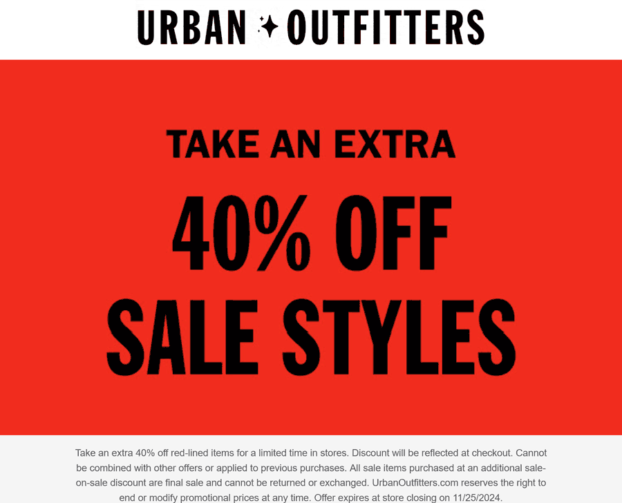 Urban Outfitters stores Coupon  Extra 40% off sale styles at Urban Outfitters #urbanoutfitters 