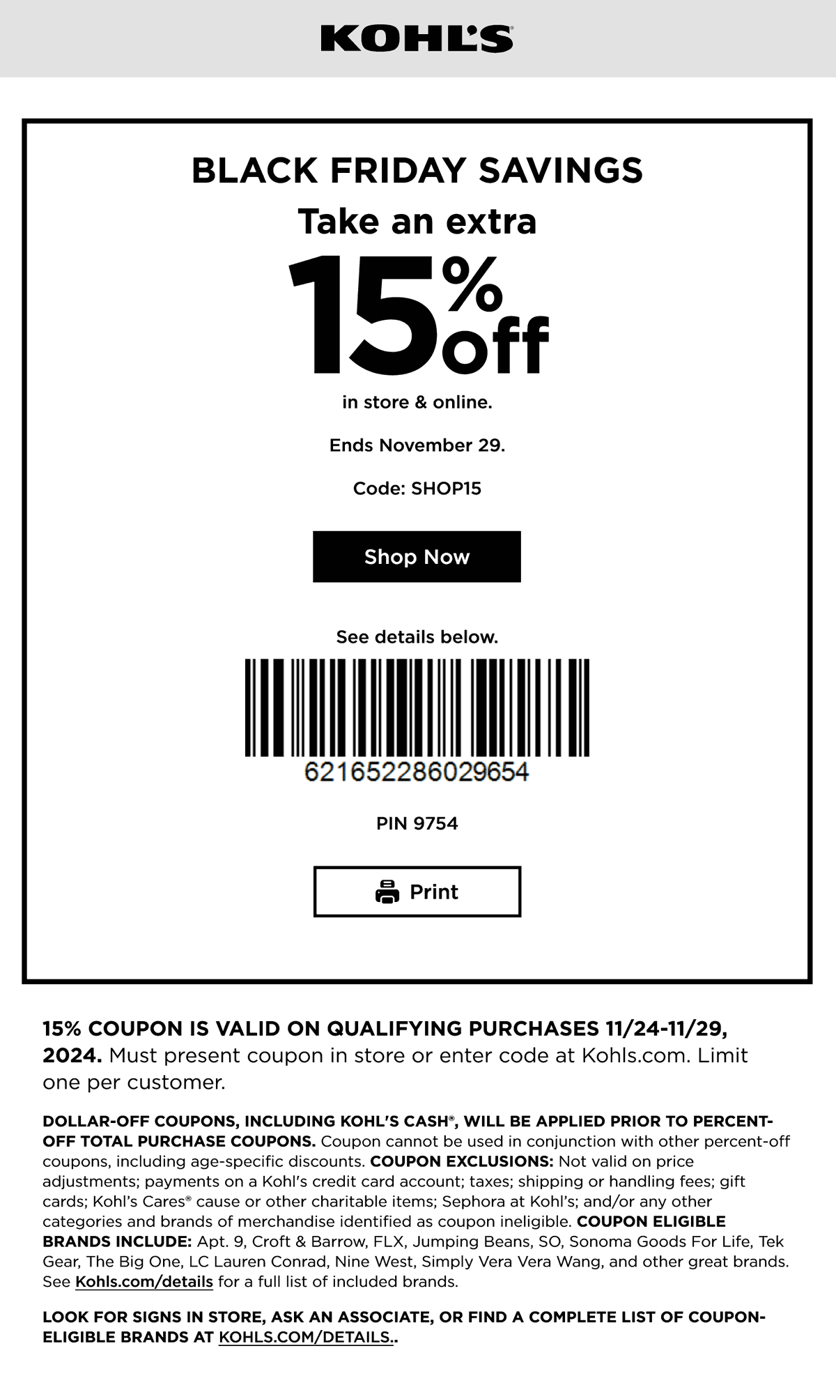 Kohls stores Coupon  Extra 15% off at Kohls, or online via promo code SHOP15 #kohls 