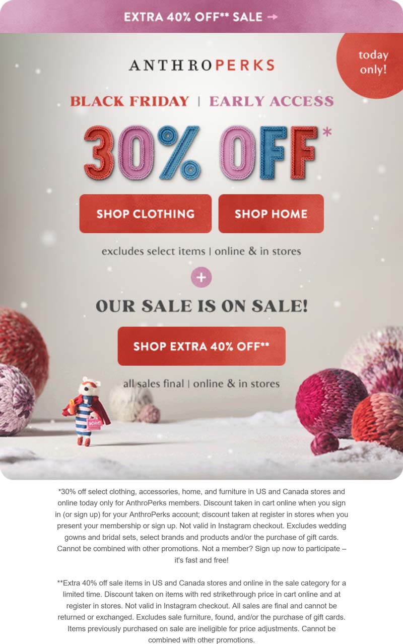 Anthropologie stores Coupon  30% off today at Anthropologie, ditto online #anthropologie 