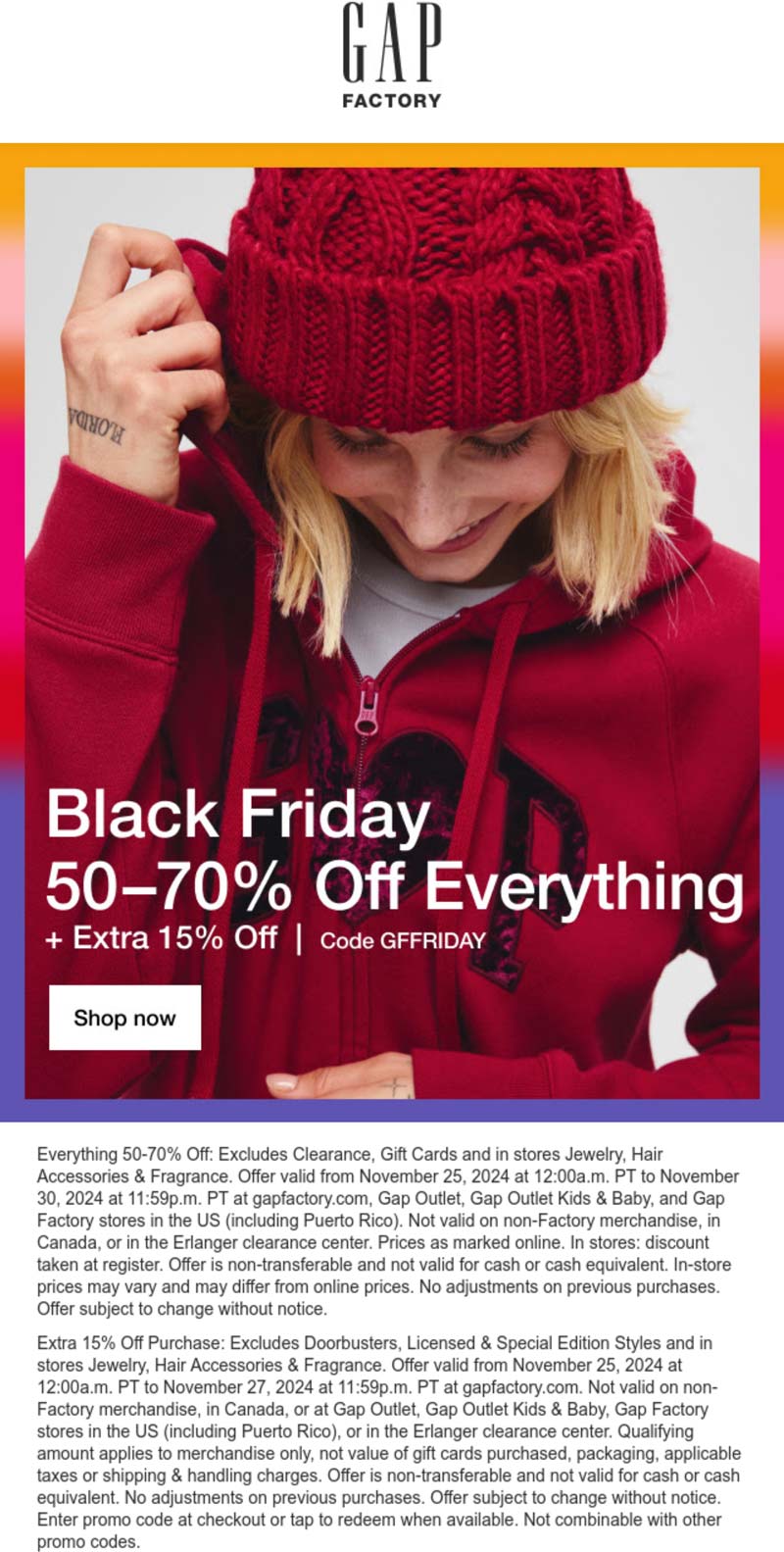 Gap Factory stores Coupon  65-85% off everything at Gap Factory via promo code GFFRIDAY #gapfactory 