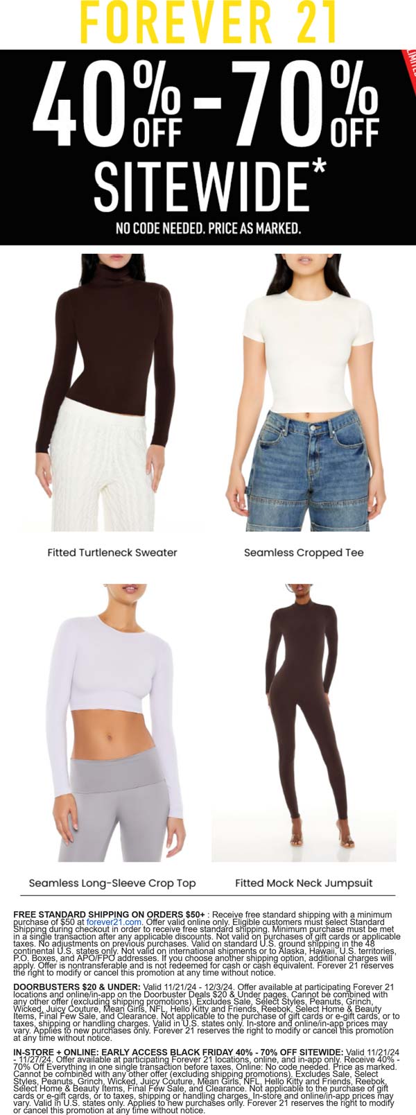 Forever 21 stores Coupon  40-70% off everything at Forever 21, ditto online #forever21 