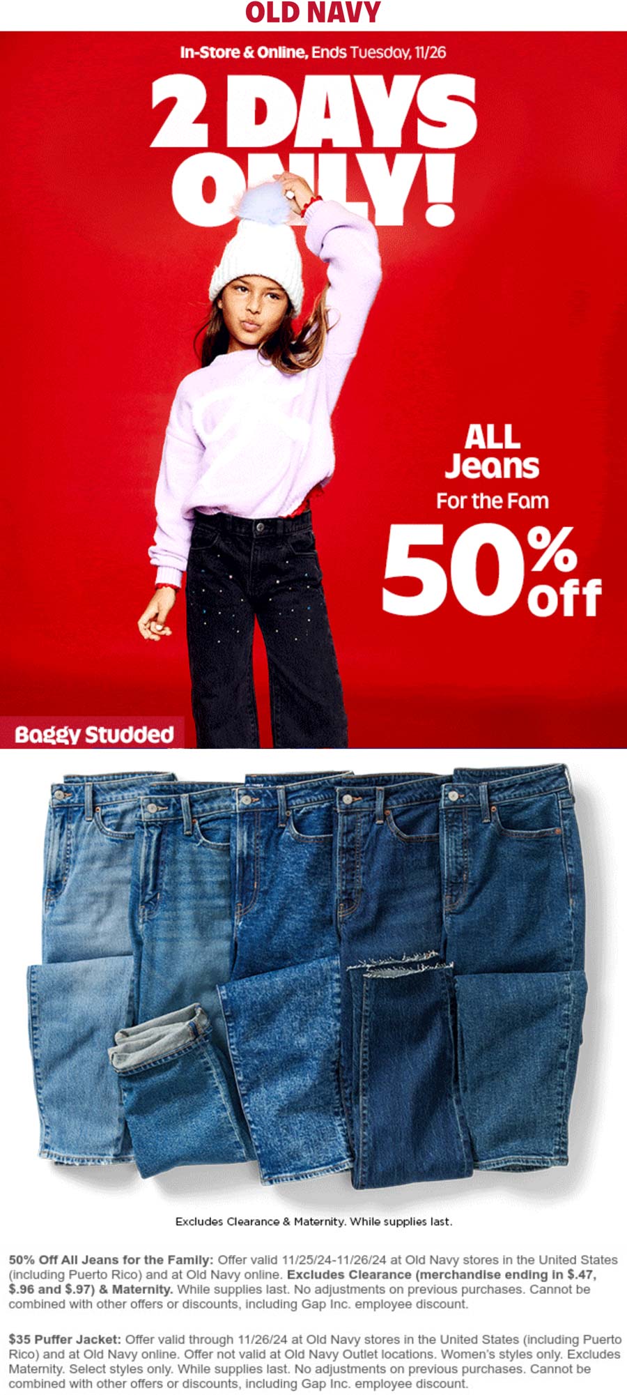 Old Navy stores Coupon  50% off all jeans today at Old Navy, ditto online #oldnavy 