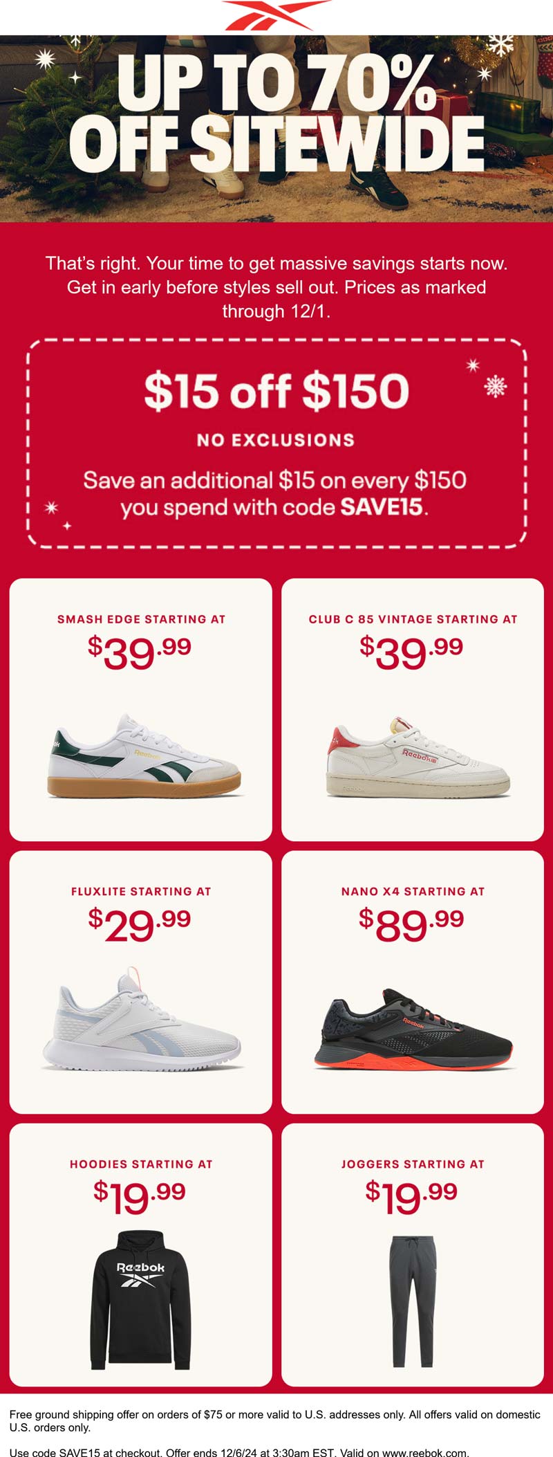 15 off every 150 more at Reebok via promo code SAVE15 reebok The Coupons App