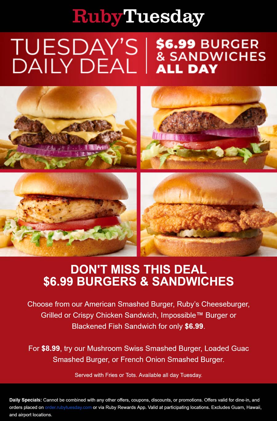 Ruby Tuesday restaurants Coupon  $7 burgers & sandwiches + fries today at Ruby Tuesday #rubytuesday 