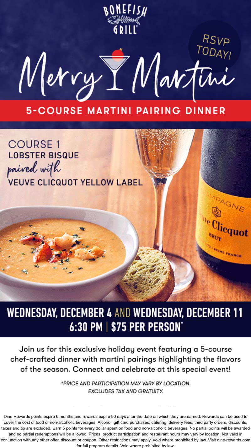 Bonefish Grill restaurants Coupon  5-course martini pairing dinner = $75 at Bonefish Grill #bonefishgrill 