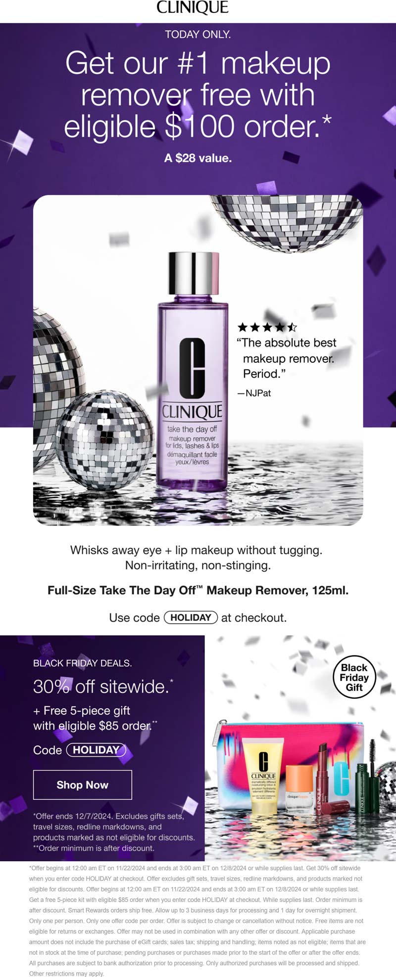 Clinique stores Coupon  Free $28 makeup remover on $100 today at Clinique via promo code HOLIDAY #clinique 