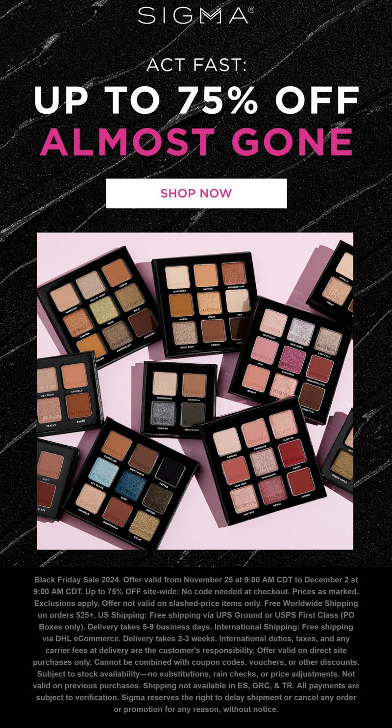 Sigma stores Coupon  30-75% off at Sigma beauty #sigma 