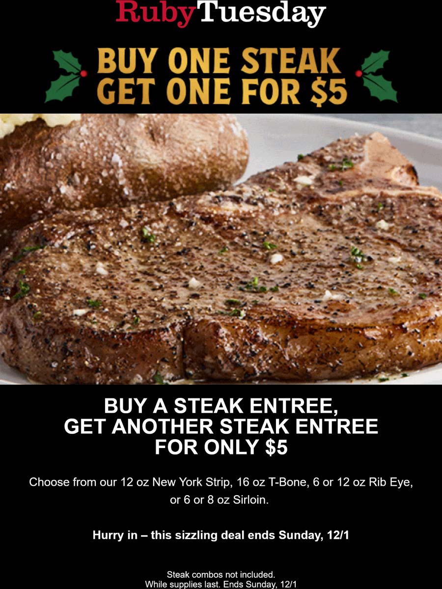 Ruby Tuesday restaurants Coupon  Second steak $5 via login at Ruby Tuesday #rubytuesday 