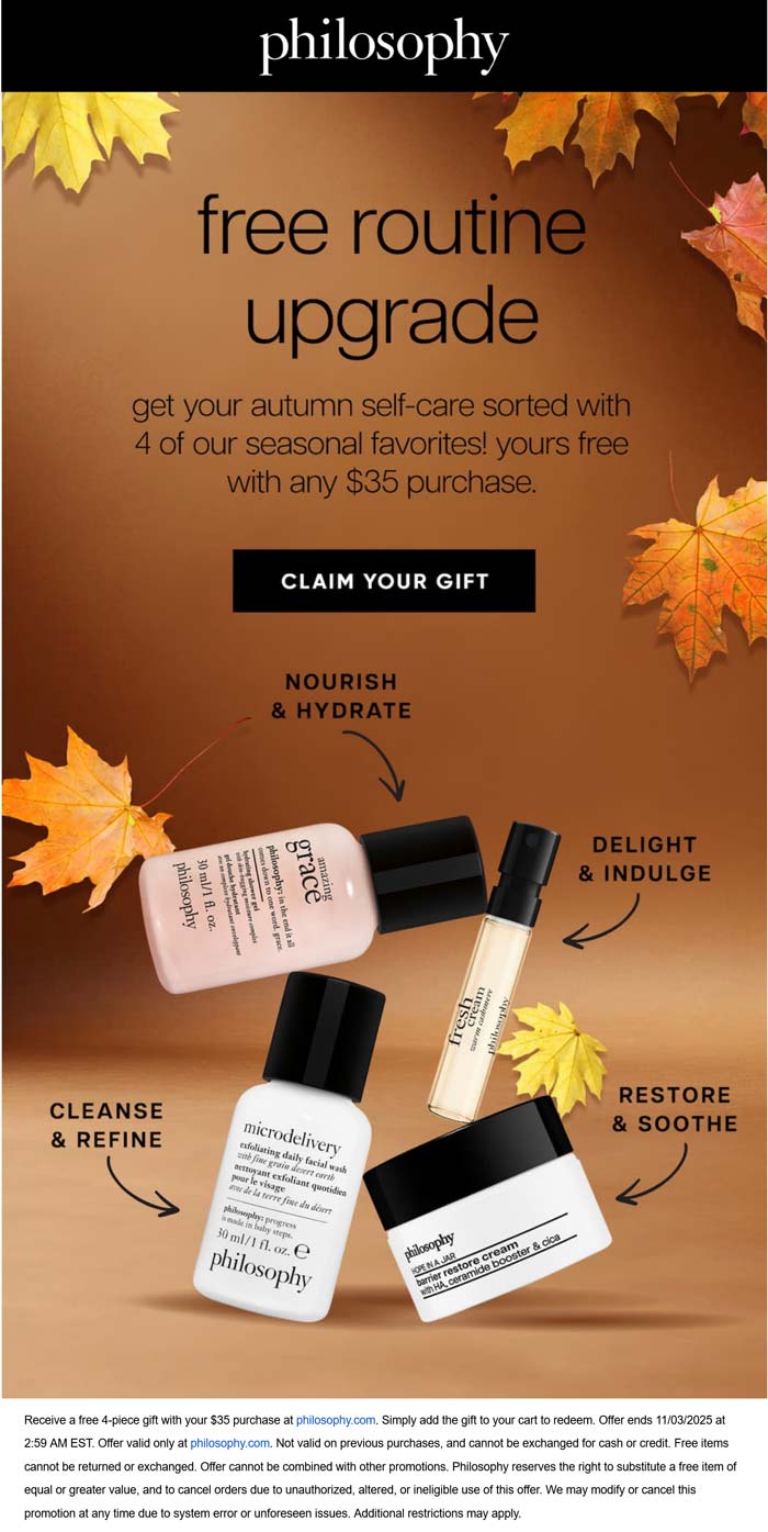 Philosophy stores Coupon  4pc free on $35 at Philosophy #philosophy 