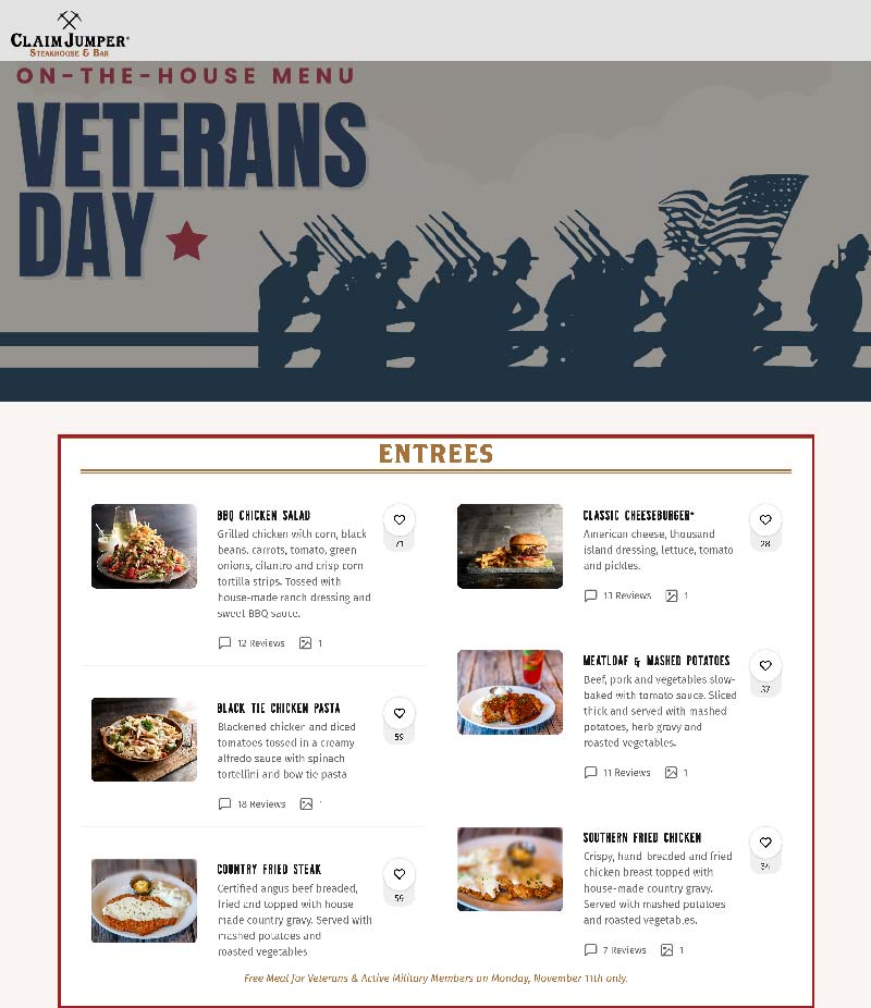 Claim Jumper Free meal for active & veterans the 11th at Claim Jumper steakhouse #claimjumper Claim Jumper restaurants Coupon Free meal for active & veterans the 11th at Claim Jumper steakhouse #claimjumper