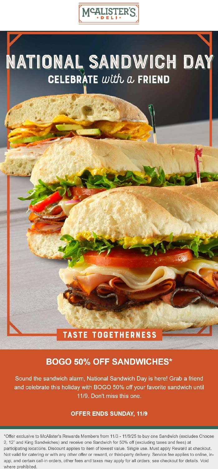 McAlisters Deli restaurants Coupon  Second sandwich 50% off at McAlisters Deli #mcalistersdeli 