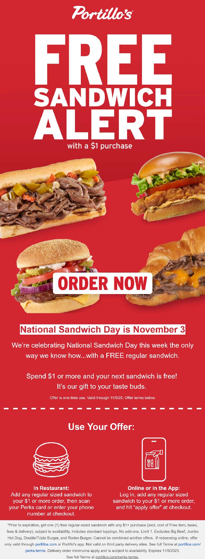 Portillos Free sandwich on $1 today at Portillos #portillos  Portillos restaurants Coupon  Free sandwich on $1 today at Portillos #portillos