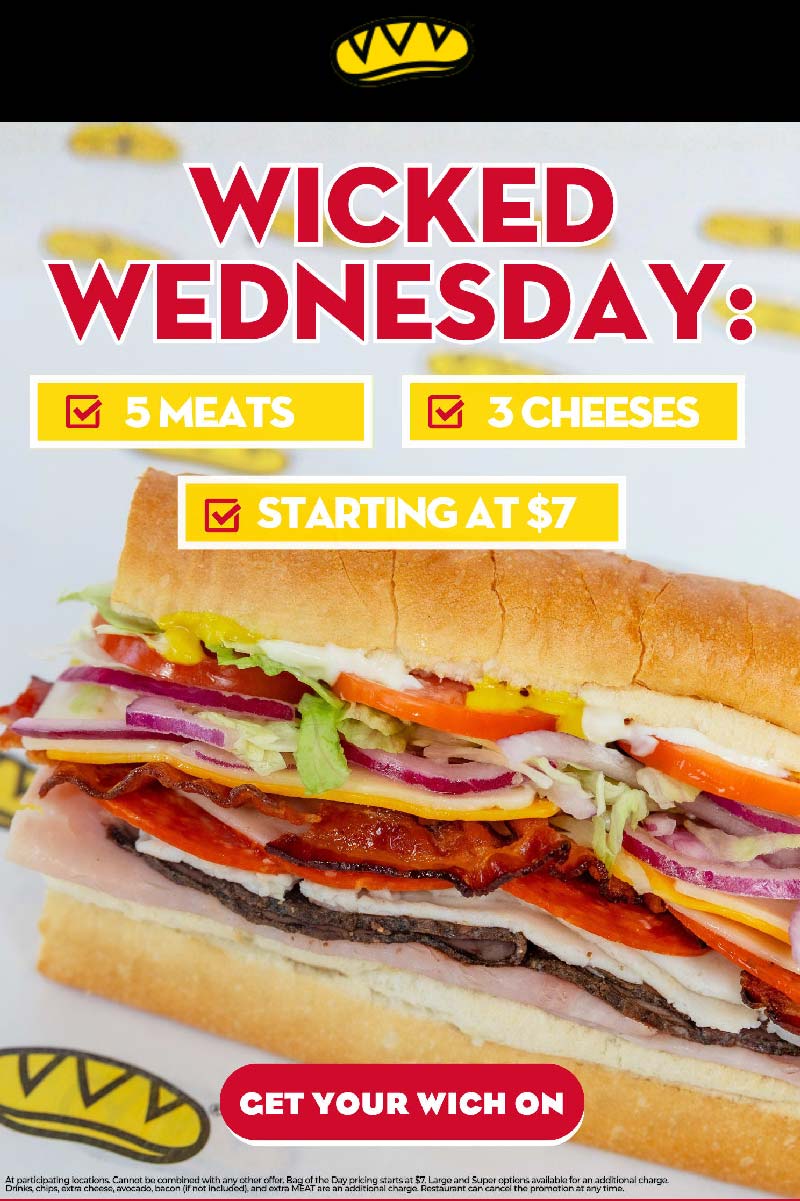 Which Wich restaurants Coupon  5 meats + 3 cheese sandwich = $7 today at Which Wich #whichwich 