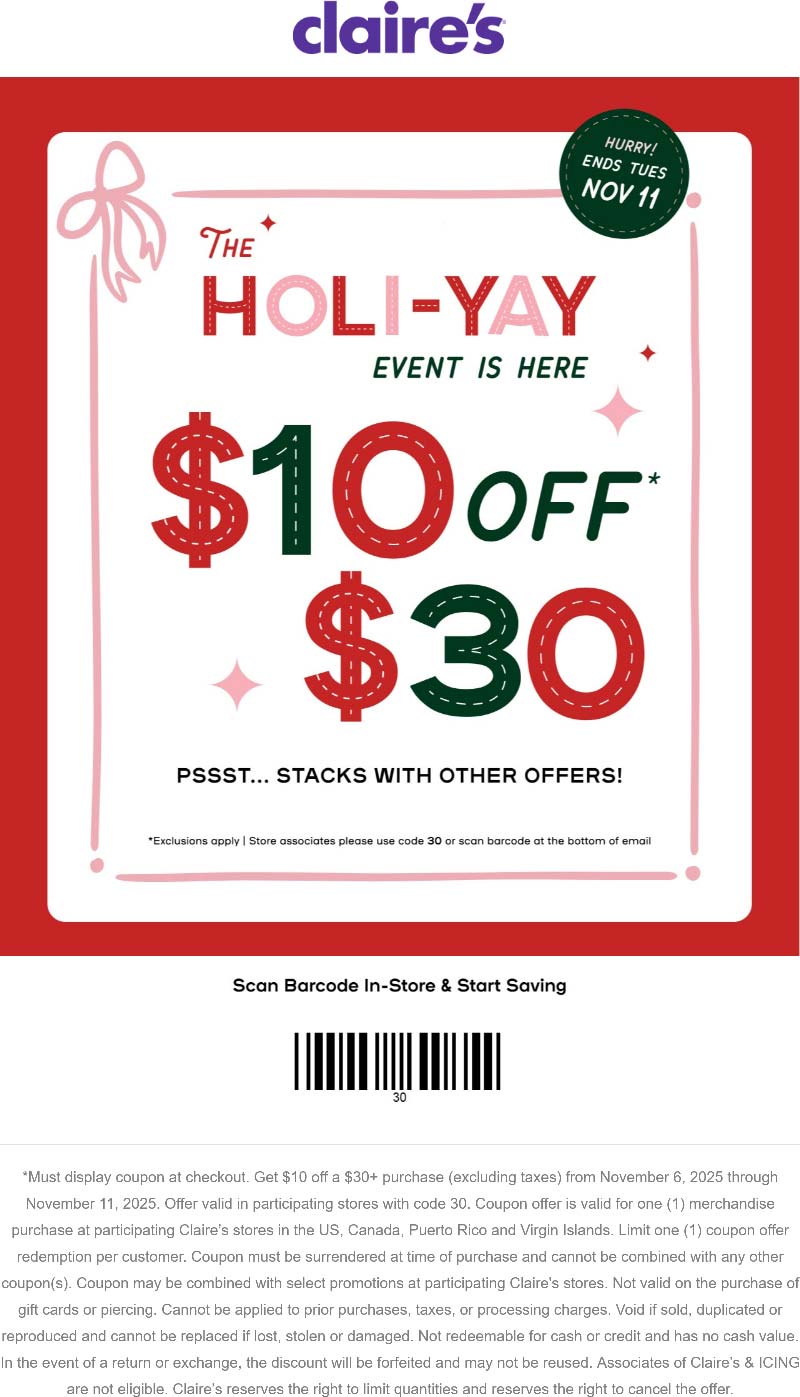 Claires $10 off $30 at Claires #claires Claires stores Coupon $10 off $30 at Claires #claires