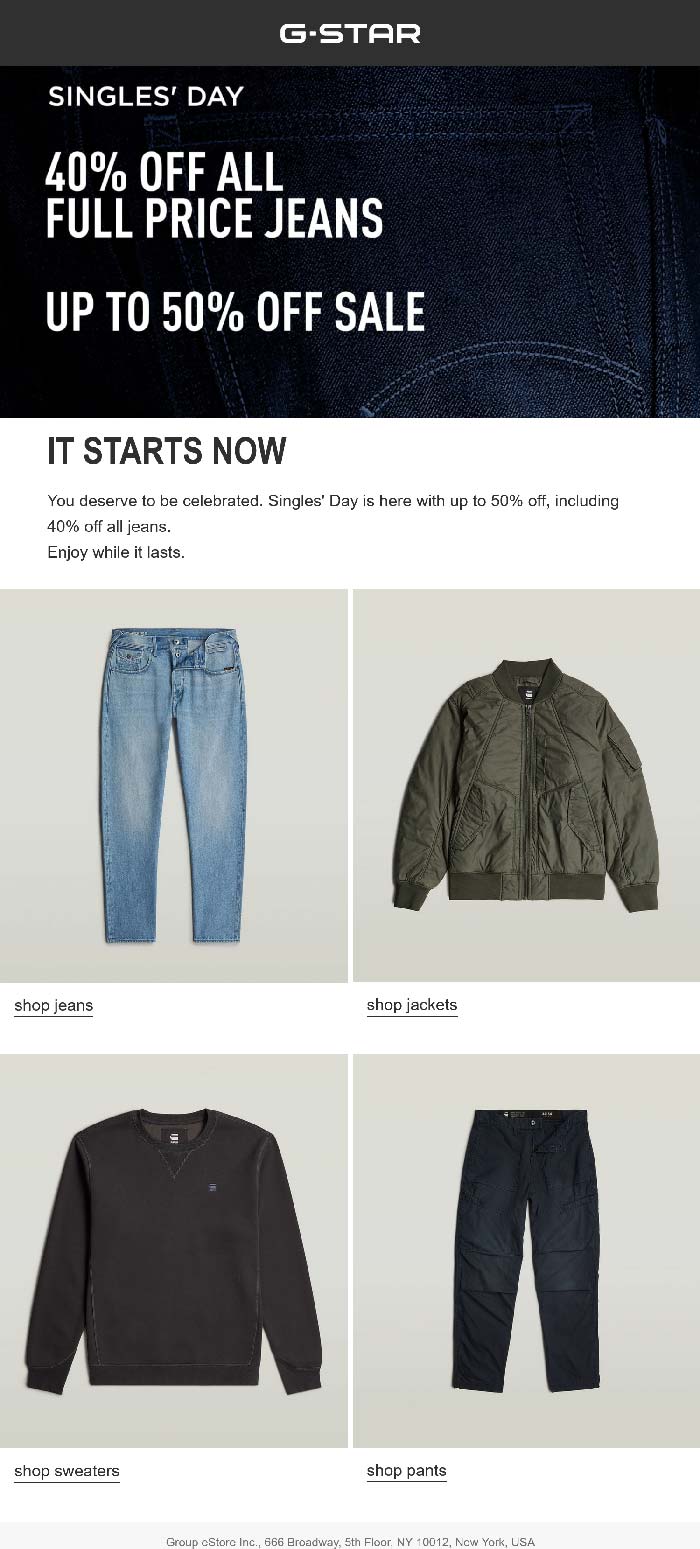 G-STAR 40% off jeans today at G-STAR #gstar G-STAR stores Coupon 40% off jeans today at G-STAR #gstar