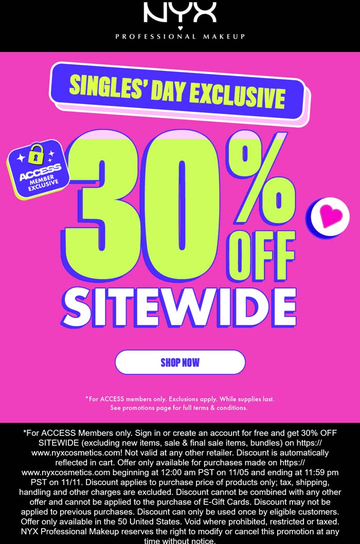 NYX Professional Makeup 30% off everything at NYX Professional Makeup #nyxprofessionalmakeup NYX Professional Makeup stores Coupon 30% off everything at NYX Professional Makeup #nyxprofessionalmakeup