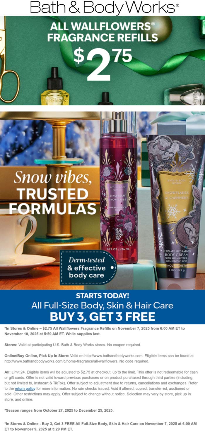 Bath & Body Works 6-for-3 on body care at Bath & Body Works, ditto online #bathbodyworks Bath & Body Works stores Coupon 6-for-3 on body care at Bath & Body Works, ditto online #bathbodyworks