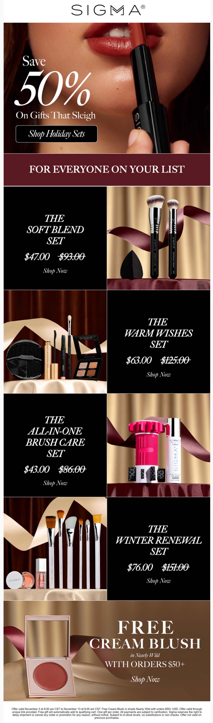 Sigma 50% off gift sets + fre blush on $50+ at Sigma Beauty #sigma Sigma stores Coupon 50% off gift sets + fre blush on $50+ at Sigma Beauty #sigma