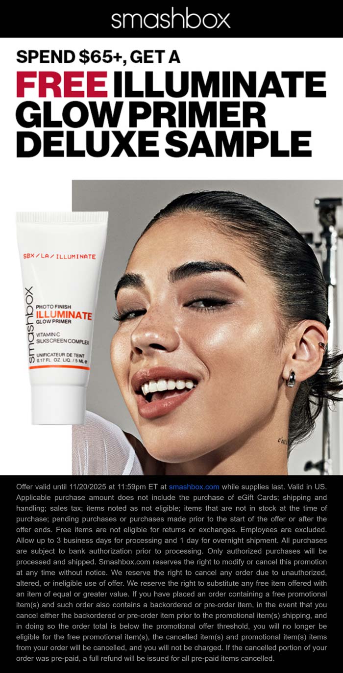 Smashbox Free glow primer on $65 at Smashbox cosmetics #smashbox Smashbox stores Coupon Free glow primer on $65 at Smashbox cosmetics #smashbox