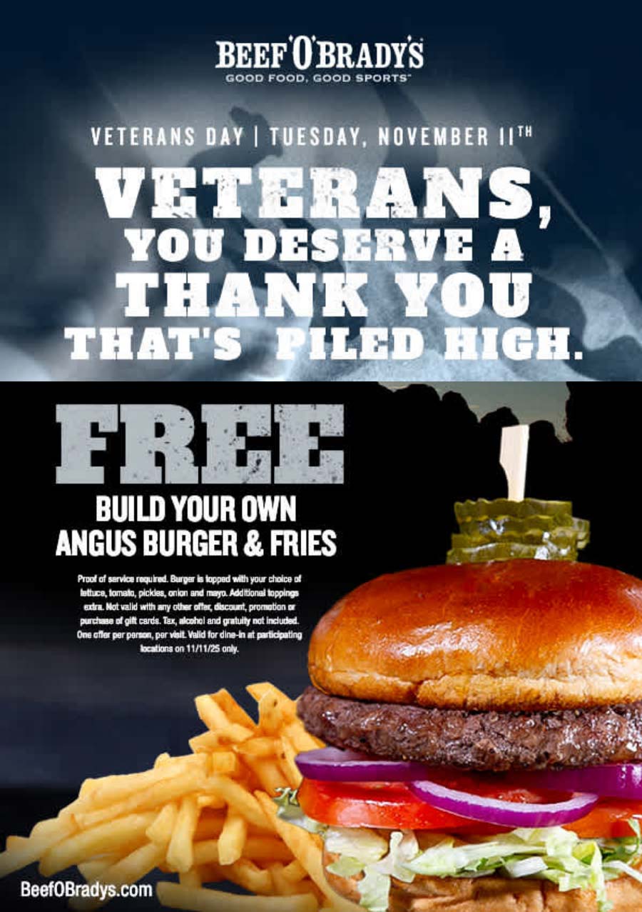 Beef OBradys restaurants Coupon  Free angus cheeseburger & fries for veterans today at Beef OBradys #beefobradys 