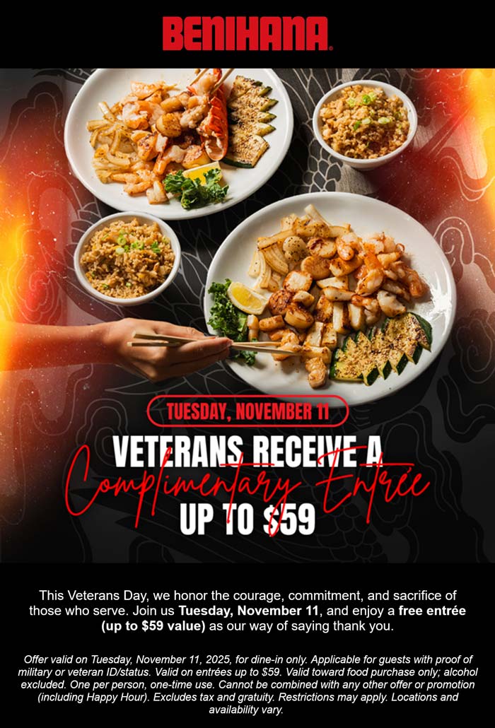 Benihana restaurants Coupon  Free $59 entree with military ID today at Benihana #benihana 