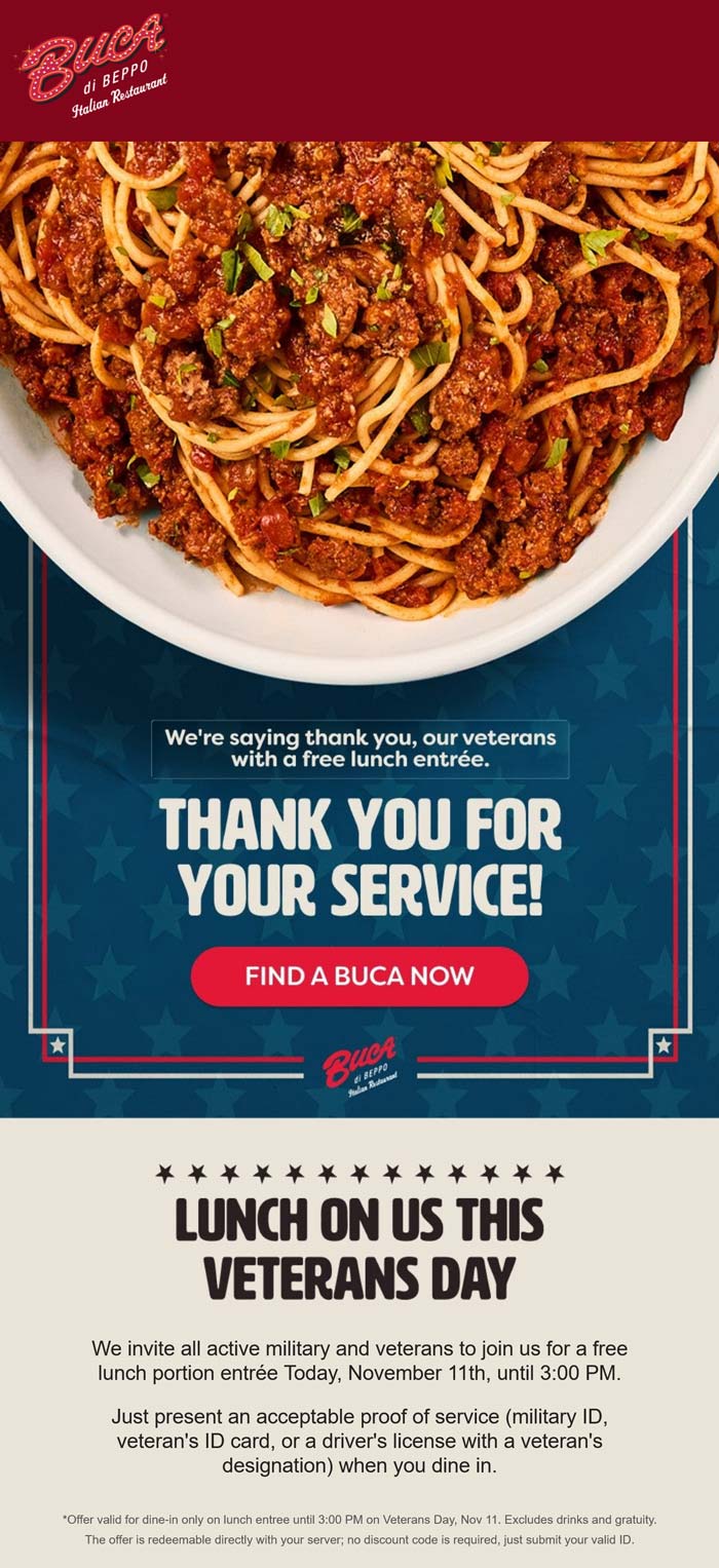 Buca di Beppo Veterans & active enjoy a free lunch today at Buca di Beppo #bucadibeppo Buca di Beppo restaurants Coupon Veterans & active enjoy a free lunch today at Buca di Beppo #bucadibeppo