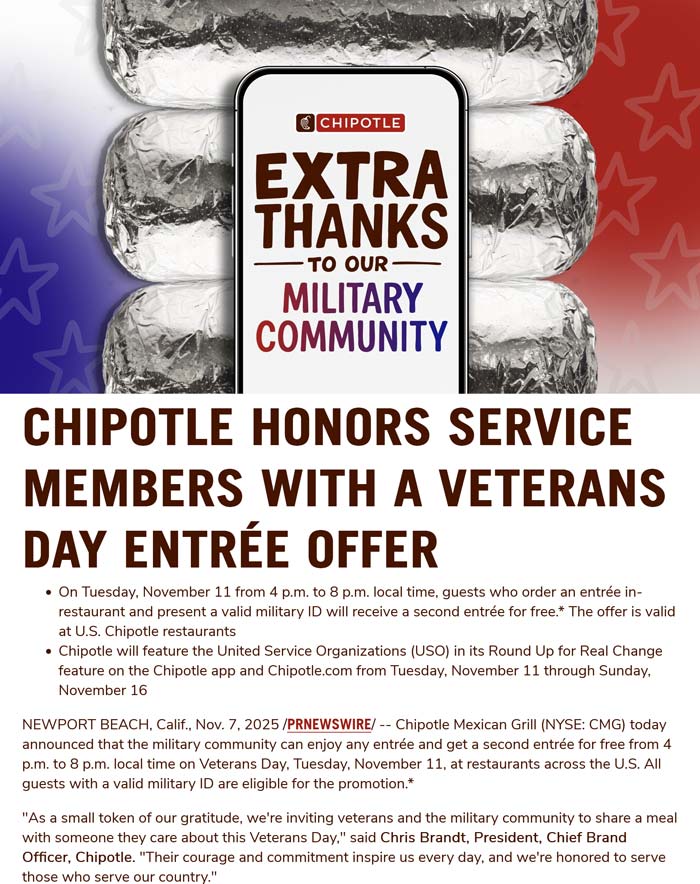 Chipotle Military ID = second entree free today at Chipotle #chipotle Chipotle restaurants Coupon Military ID = second entree free today at Chipotle #chipotle
