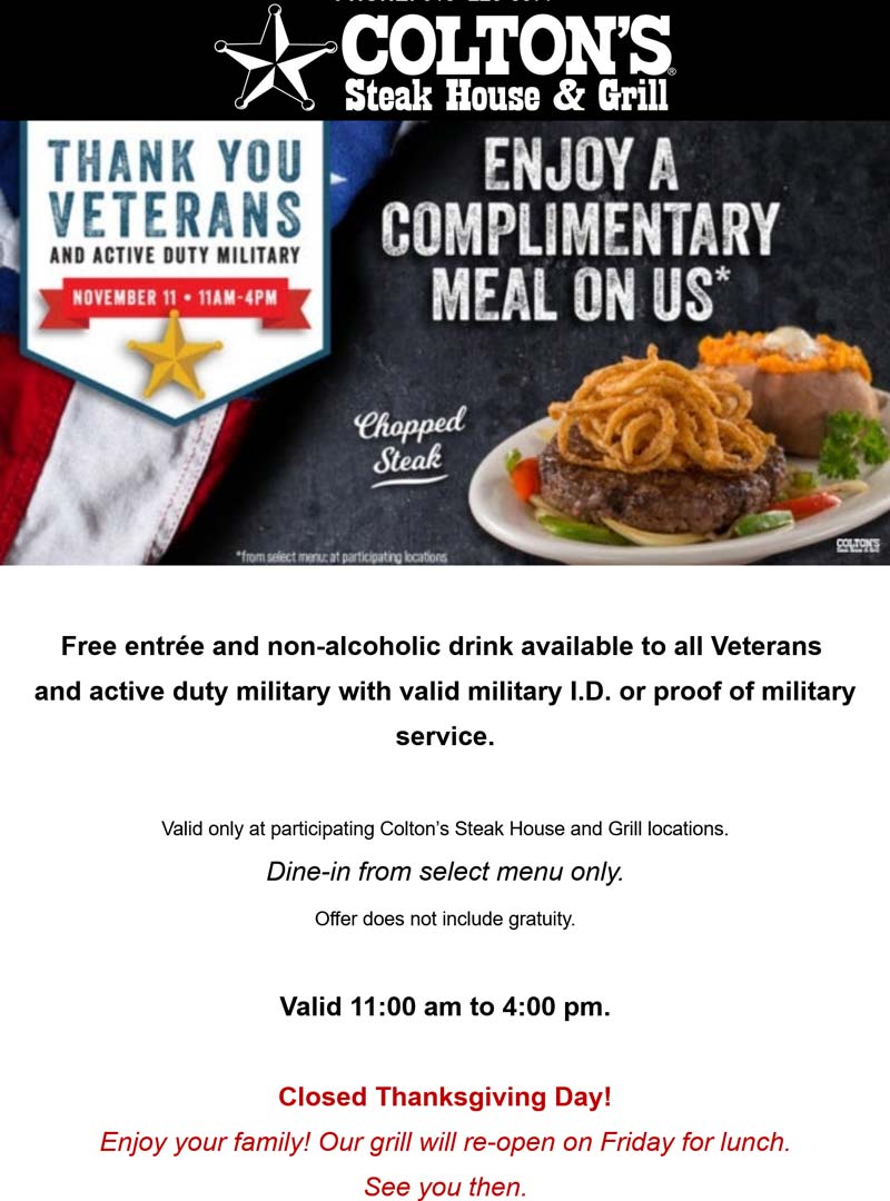 Coltons Free entree for veterans today at Coltons steak house & grill #coltons Coltons restaurants Coupon Free entree for veterans today at Coltons steak house & grill #coltons