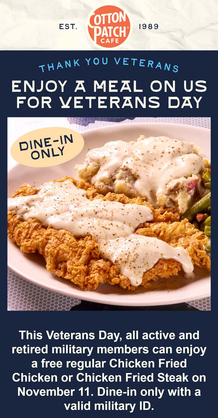 Cotton Patch Cafe restaurants Coupon  Veterans enjoy a free meal today at Cotton Patch Cafe #cottonpatchcafe 